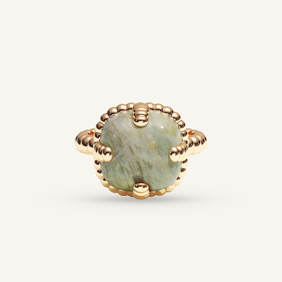 Molekules ring in rose gold with cushion-shaped picasso jaspis, front view