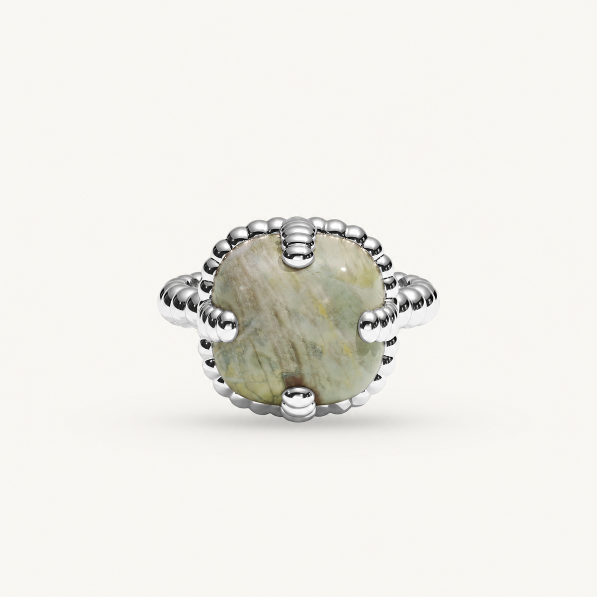 Molekules ring with Picasso Jaspis in white gold, front view — digitally recoloured product visualisation