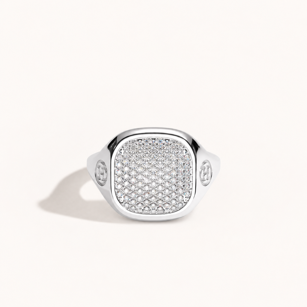 Monogram Signet Pavé Ring in 18k white gold with diamonds – front view