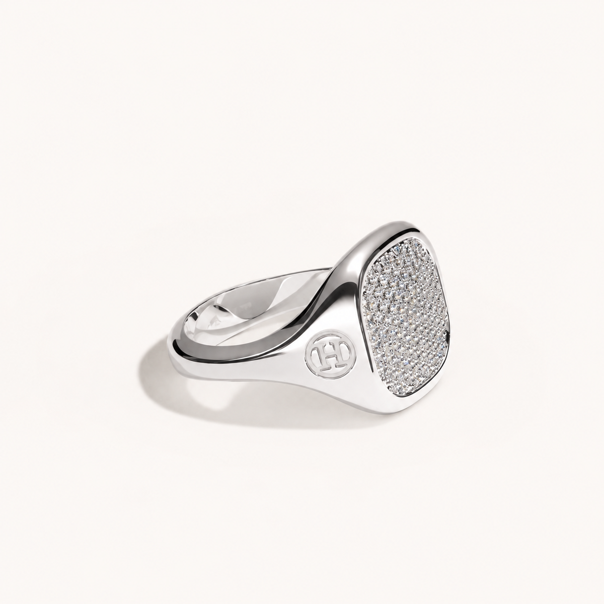 Monogram Signet Pavé Ring in 18k white gold with diamonds – three-quarter view