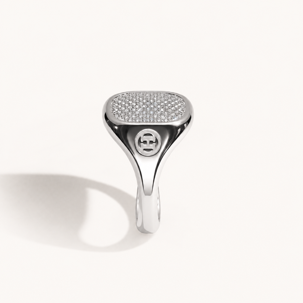 Monogram Signet Pavé Ring in 18k white gold with diamonds – side view