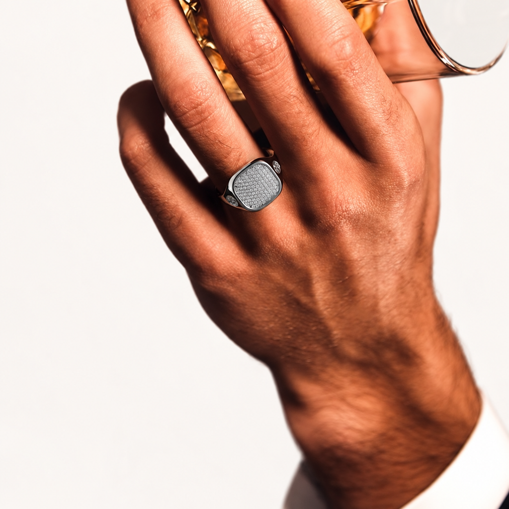Monogram Signet Pavé Ring in 18k white gold with diamonds – worn on hand