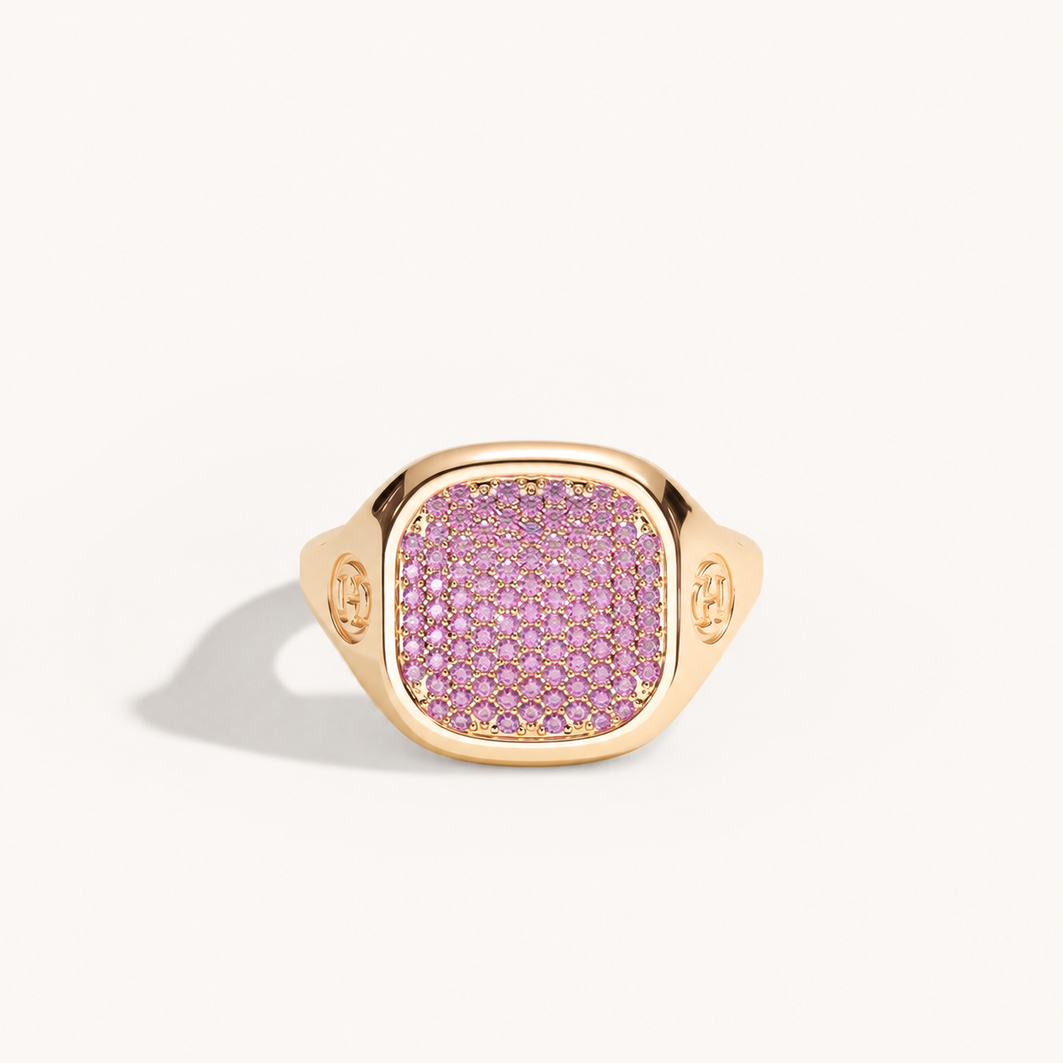 Monogram Signet Pavé Ring in 18k rose gold with pink sapphires – front view