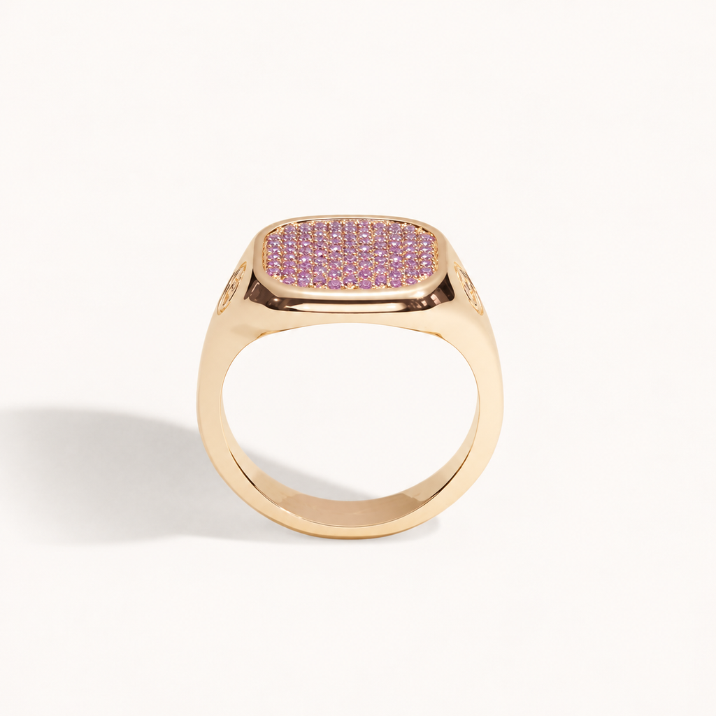Monogram Signet Pavé Ring in 18k rose gold with pink sapphires – rear view