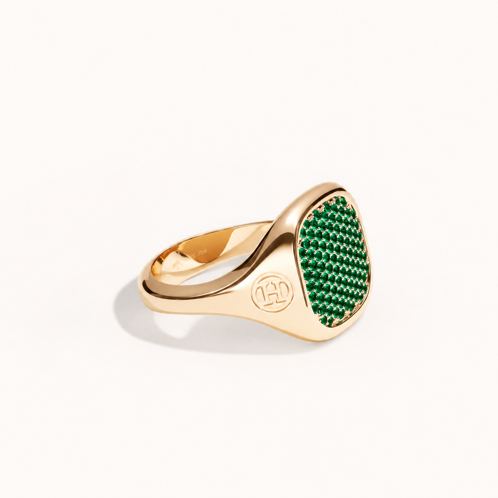 Monogram Signet Pavé Ring in 18k yellow gold with tsavorites – three-quarter view