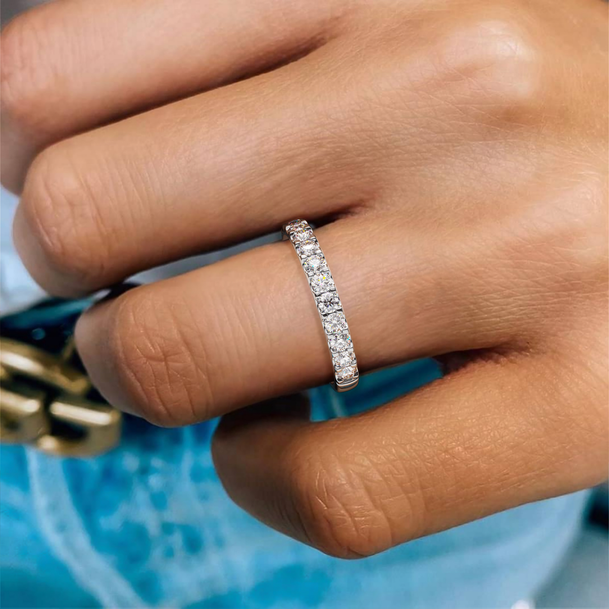 MONTE M25 3 mm Half Eternity Ring worn on hand, 18K white gold