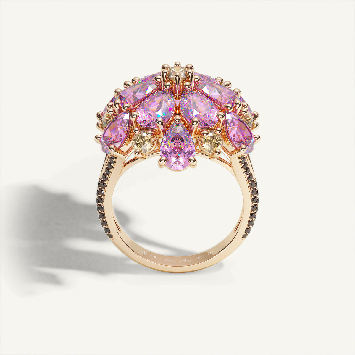 Ombrelle Barocco Pink Sapphire & Yellow Diamond Ring — profile view