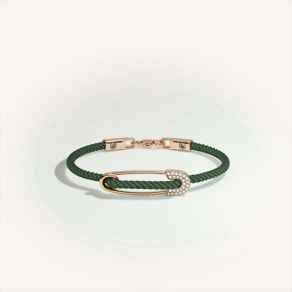 DEEP TEAL Rebel Pin Chord Bracelet — 18K Gold · Diamond Pavé, Green cord