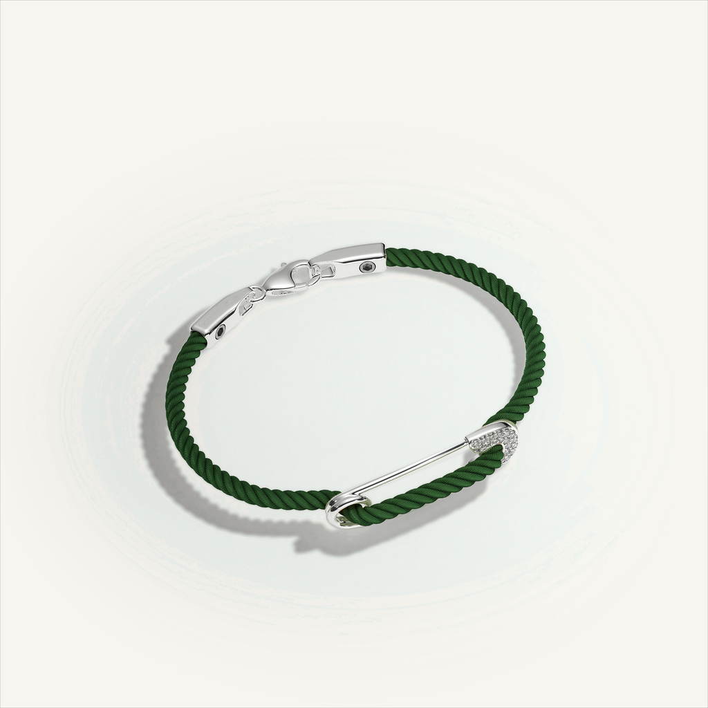 DEEP TEAL Rebel Pin Chord Bracelet — 18K White Gold · Diamond Pavé, Green cord