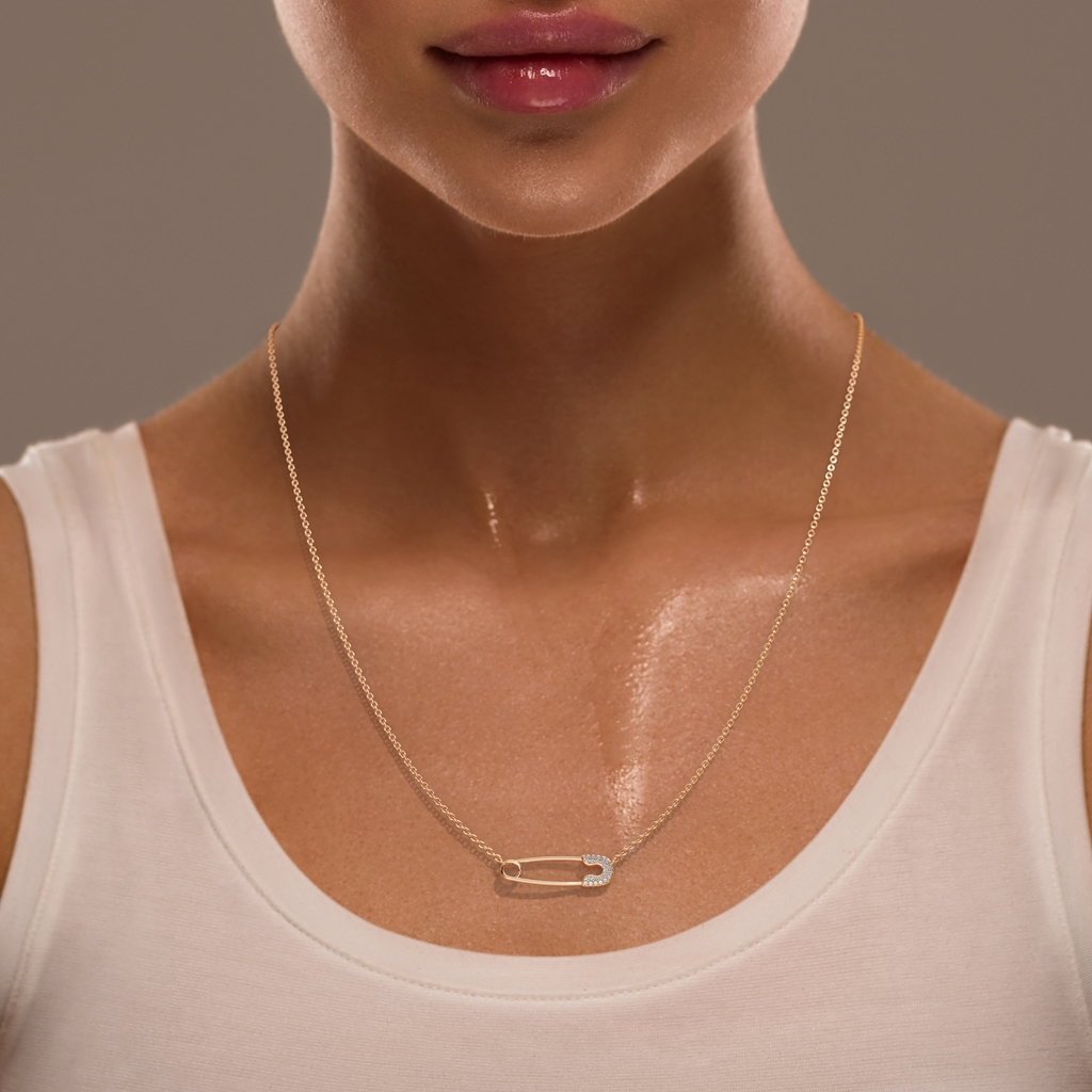 Safe Pin Pavé Necklace — worn on model